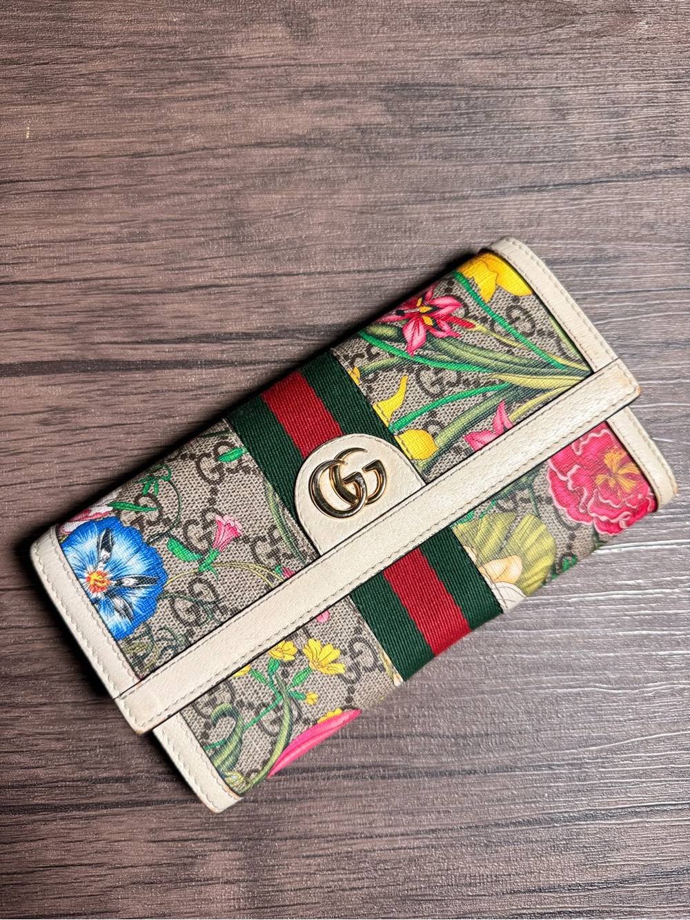 AUTHENTIC Gucci Floral GG Supreme Continental Wallet in Beige with Green-Red Web - Picture 2 of 5